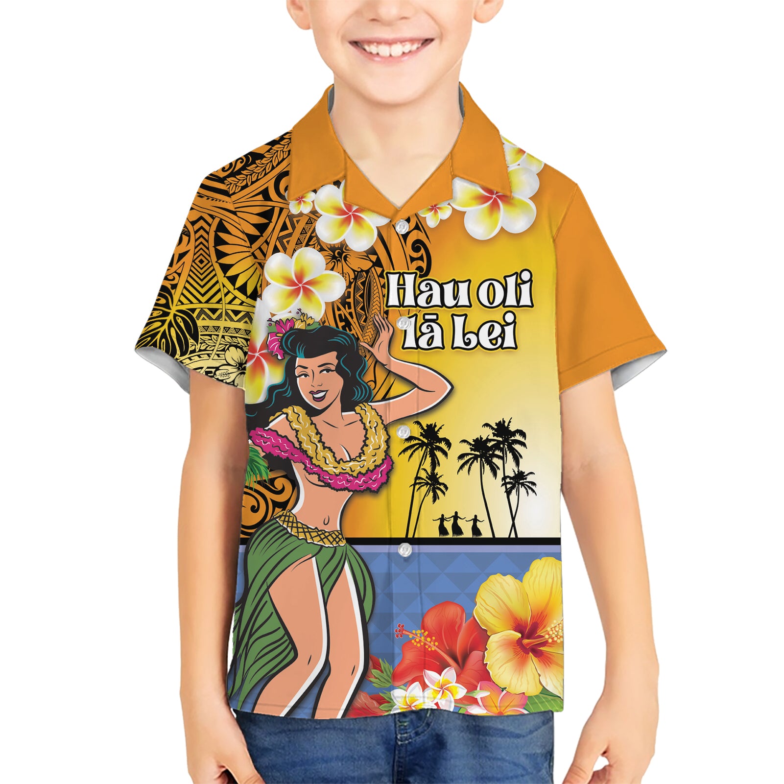 Happy Lei Day Kid Hawaiian Shirt Hula Girl Polynesian Flower Kakau Pattern