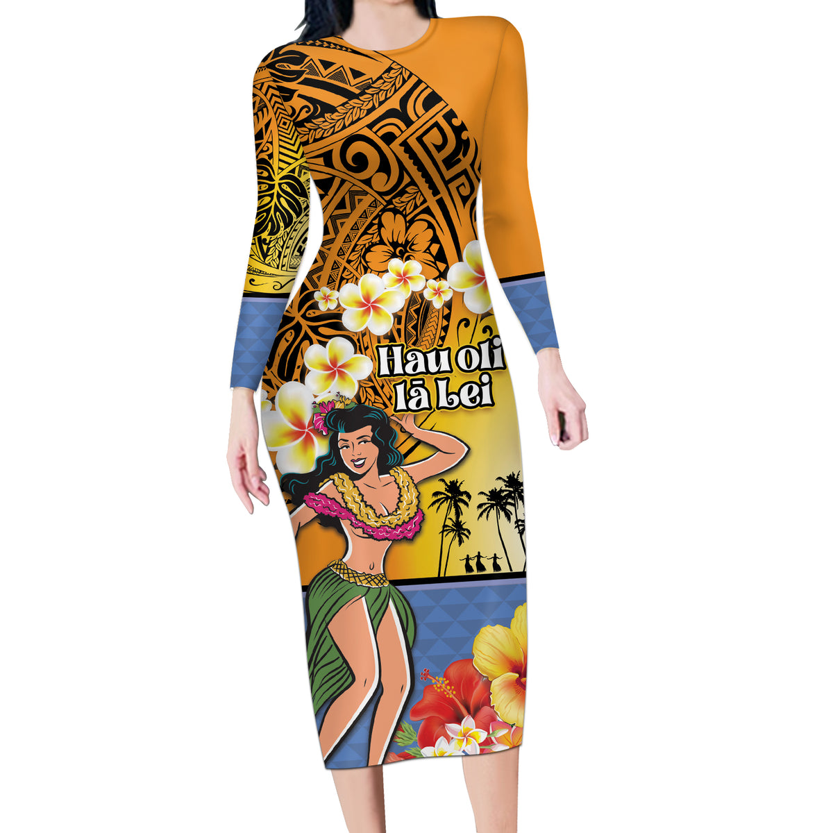 Happy Lei Day Long Sleeve Bodycon Dress Hula Girl Polynesian Flower Kakau Pattern