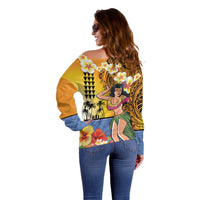Happy Lei Day Off Shoulder Sweater Hula Girl Polynesian Flower Kakau Pattern
