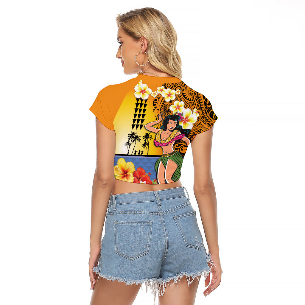 Happy Lei Day Raglan Cropped T Shirt Hula Girl Polynesian Flower Kakau Pattern