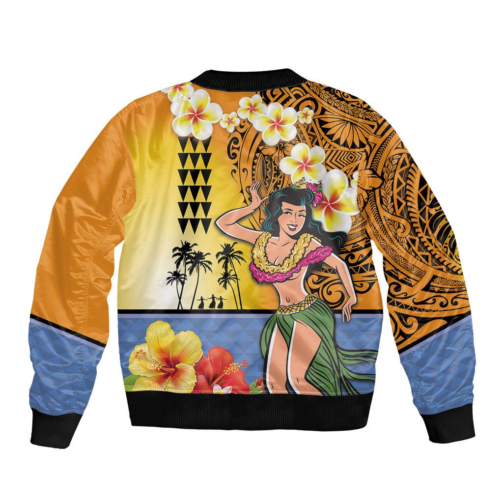 Happy Lei Day Sleeve Zip Bomber Jacket Hula Girl Polynesian Flower Kakau Pattern