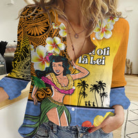 Happy Lei Day Women Casual Shirt Hula Girl Polynesian Flower Kakau Pattern