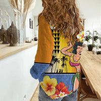 Happy Lei Day Women Casual Shirt Hula Girl Polynesian Flower Kakau Pattern
