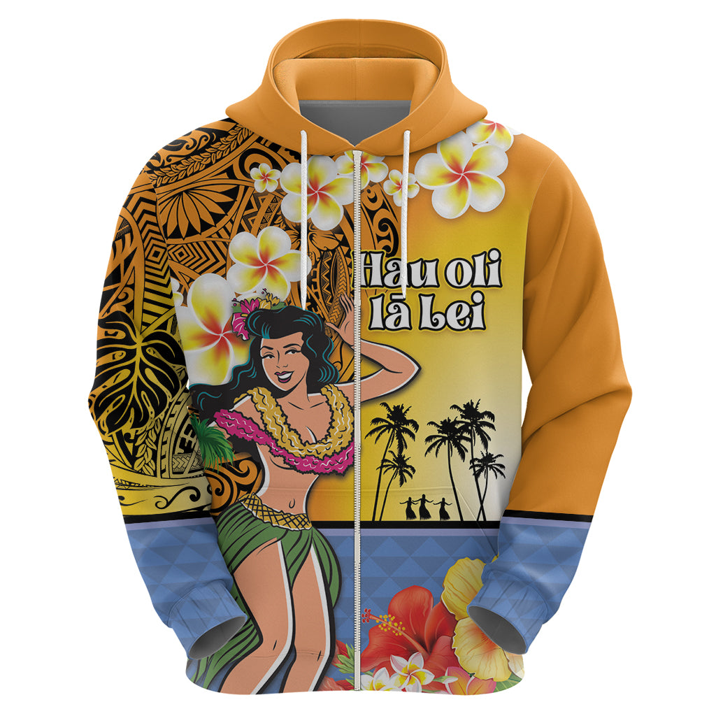Happy Lei Day Zip Hoodie Hula Girl Polynesian Flower Kakau Pattern