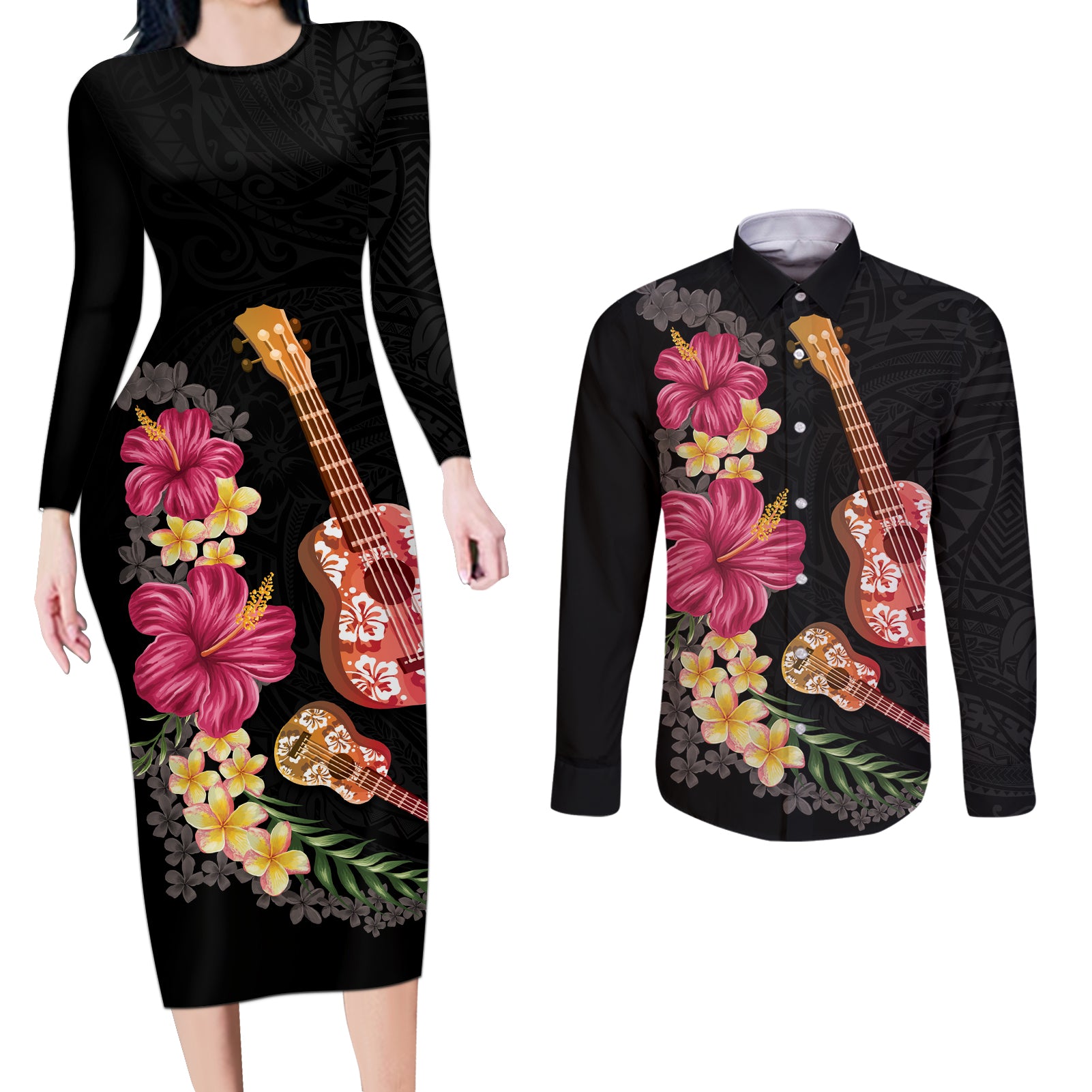 Ukulele mix Polynesian Flower Couples Matching Long Sleeve Bodycon Dress and Long Sleeve Button Shirt Hawaiian Tribal Pattern