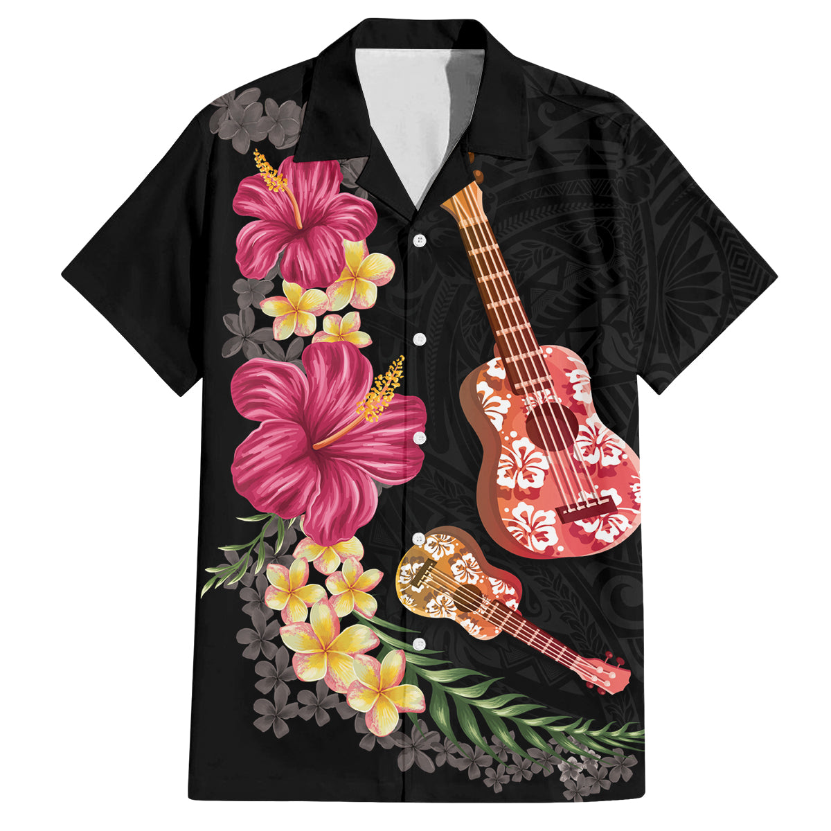 Ukulele mix Polynesian Flower Family Matching Summer Maxi Dress and Hawaiian Shirt Hawaiian Tribal Pattern