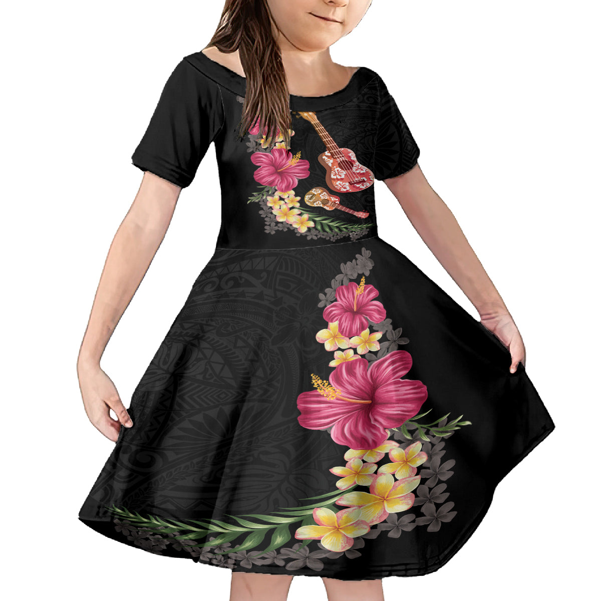Ukulele mix Polynesian Flower Family Matching Tank Maxi Dress and Hawaiian Shirt Hawaiian Tribal Pattern