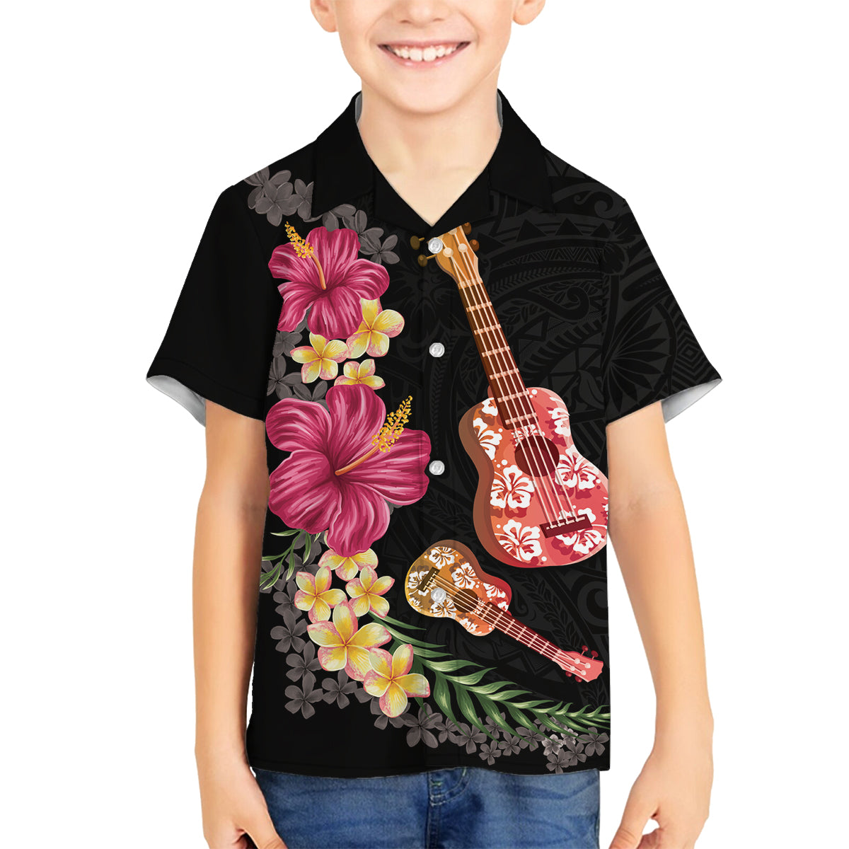 Ukulele mix Polynesian Flower Family Matching Tank Maxi Dress and Hawaiian Shirt Hawaiian Tribal Pattern