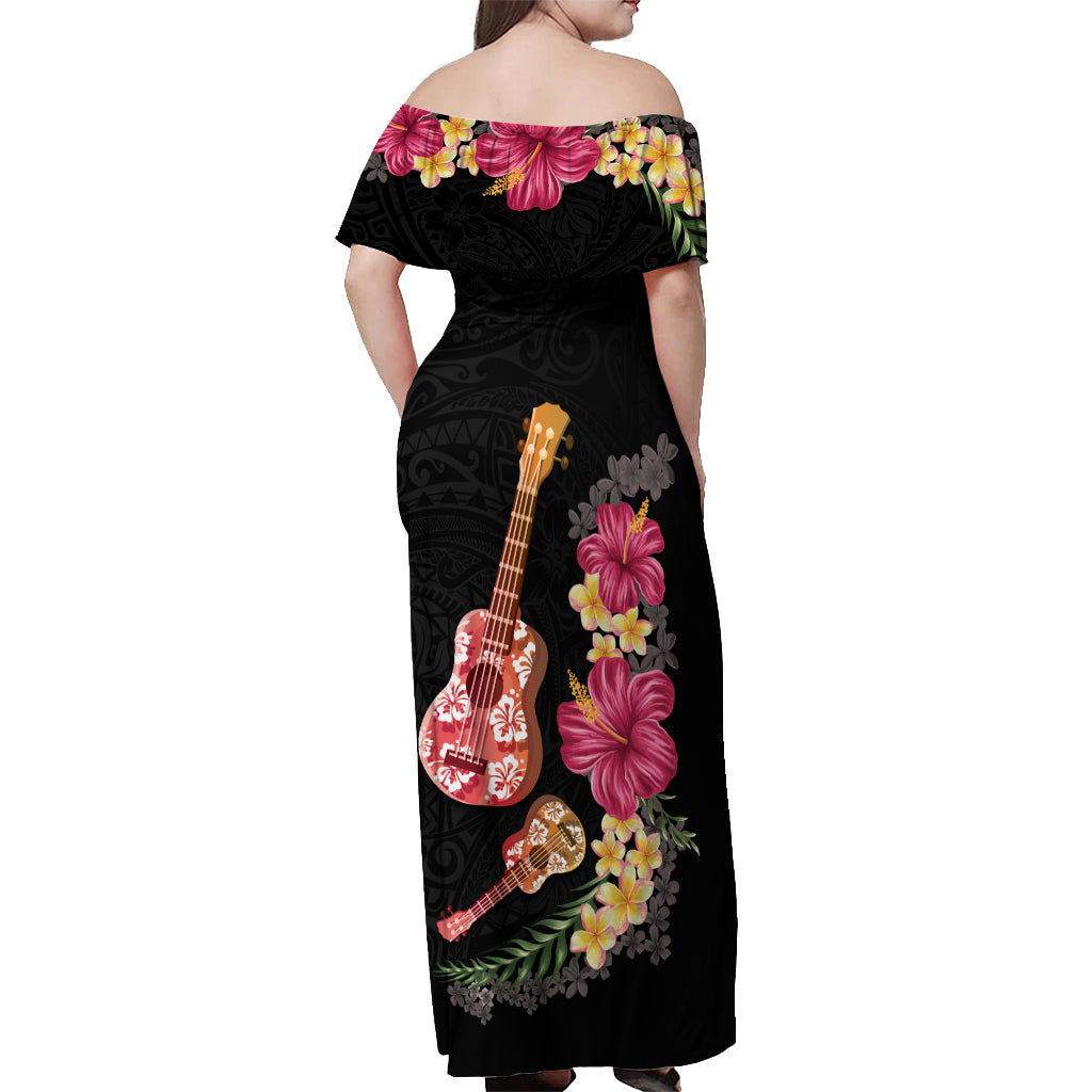 Ukulele mix Polynesian Flower Off Shoulder Maxi Dress Hawaiian Tribal Pattern