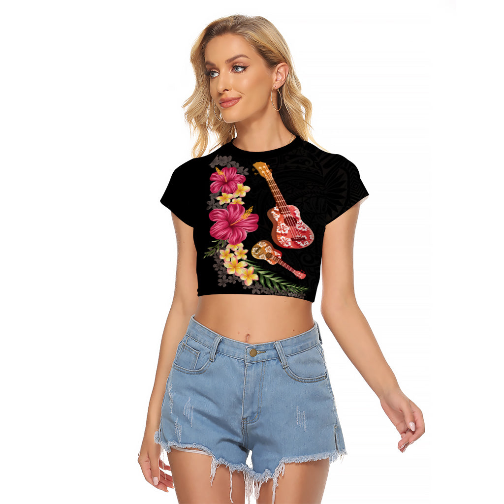 Ukulele mix Polynesian Flower Raglan Cropped T Shirt Hawaiian Tribal Pattern