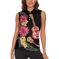 Ukulele mix Polynesian Flower Women Sleeveless Polo Shirt Hawaiian Tribal Pattern