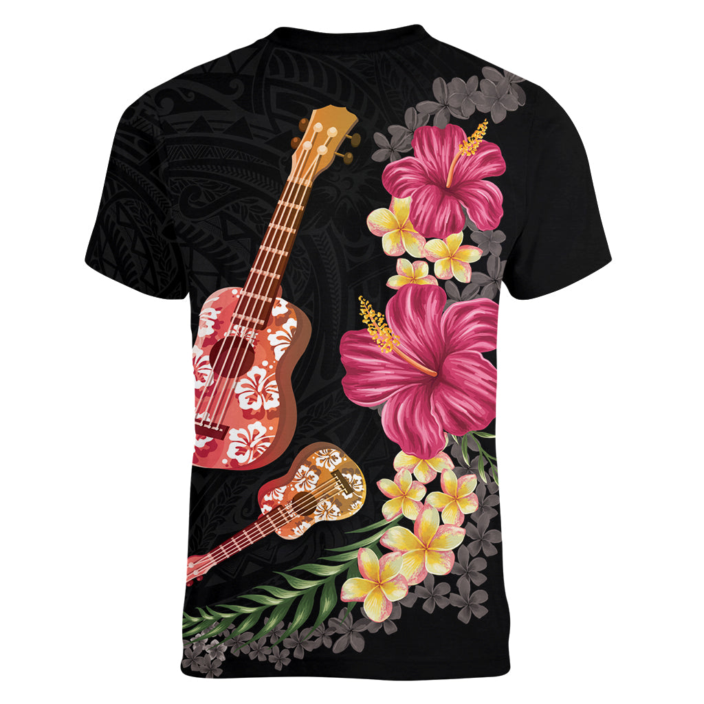 Ukulele mix Polynesian Flower Women V-Neck T-Shirt Hawaiian Tribal Pattern