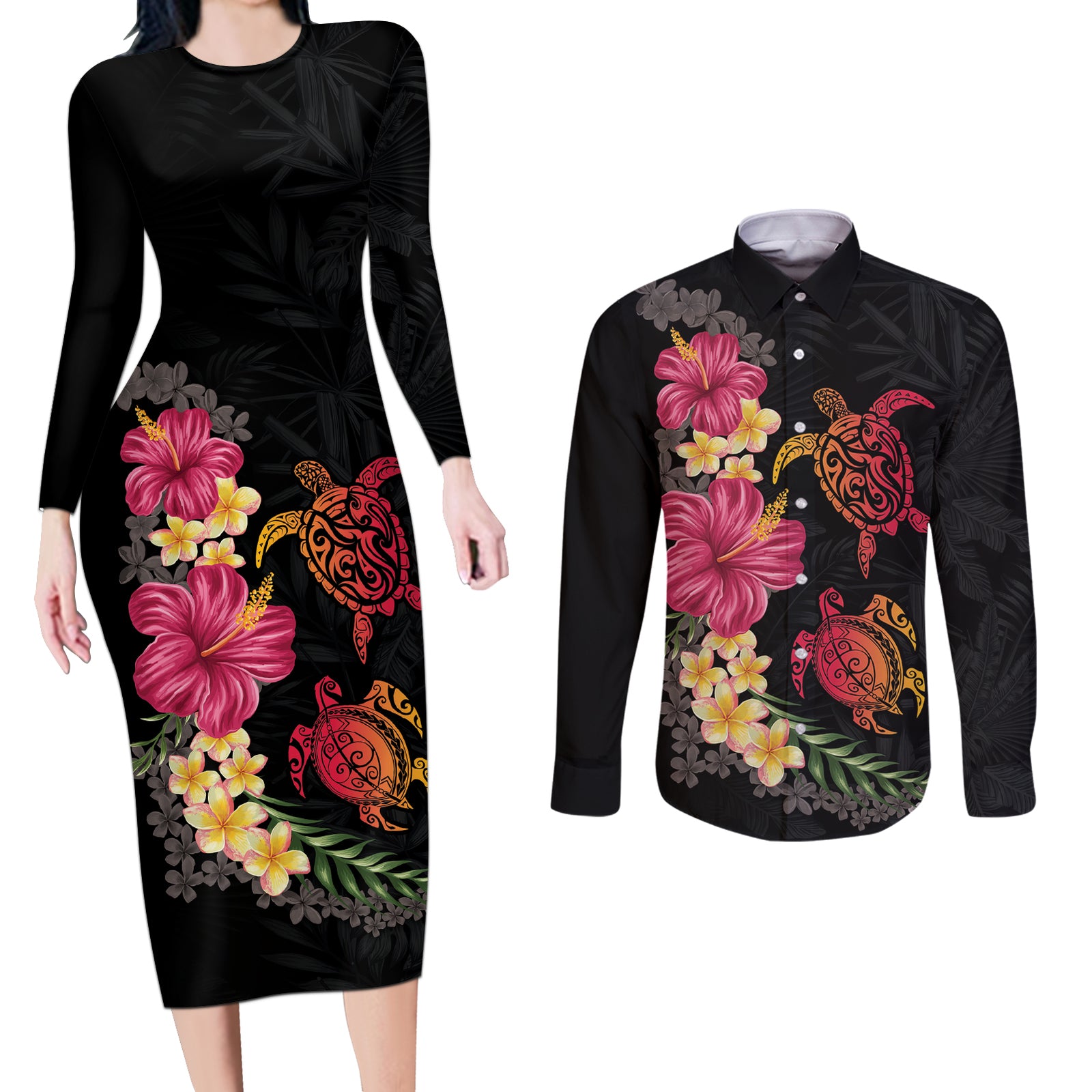 Hawaiian Flower and Tribal Turtle Couples Matching Long Sleeve Bodycon Dress and Long Sleeve Button Shirt Colorful Style