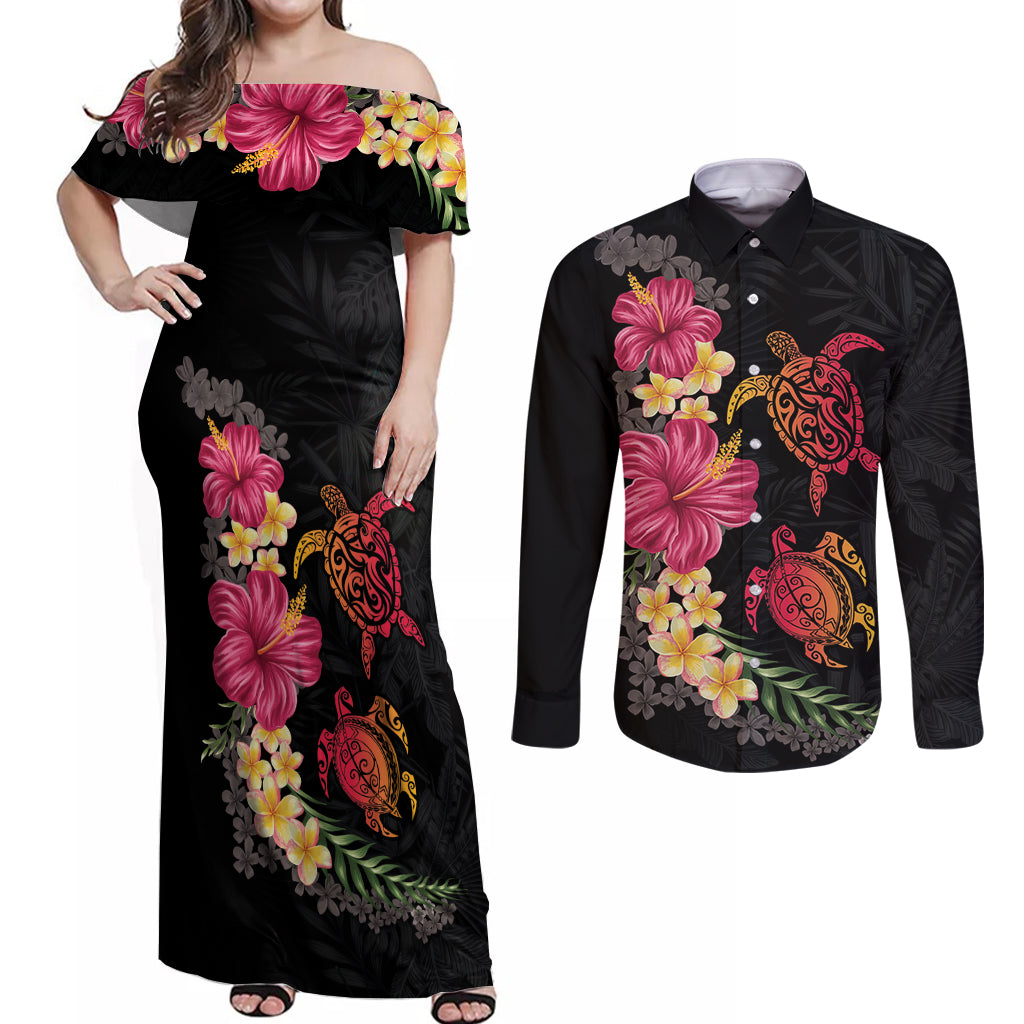Hawaiian Flower and Tribal Turtle Couples Matching Off Shoulder Maxi Dress and Long Sleeve Button Shirt Colorful Style