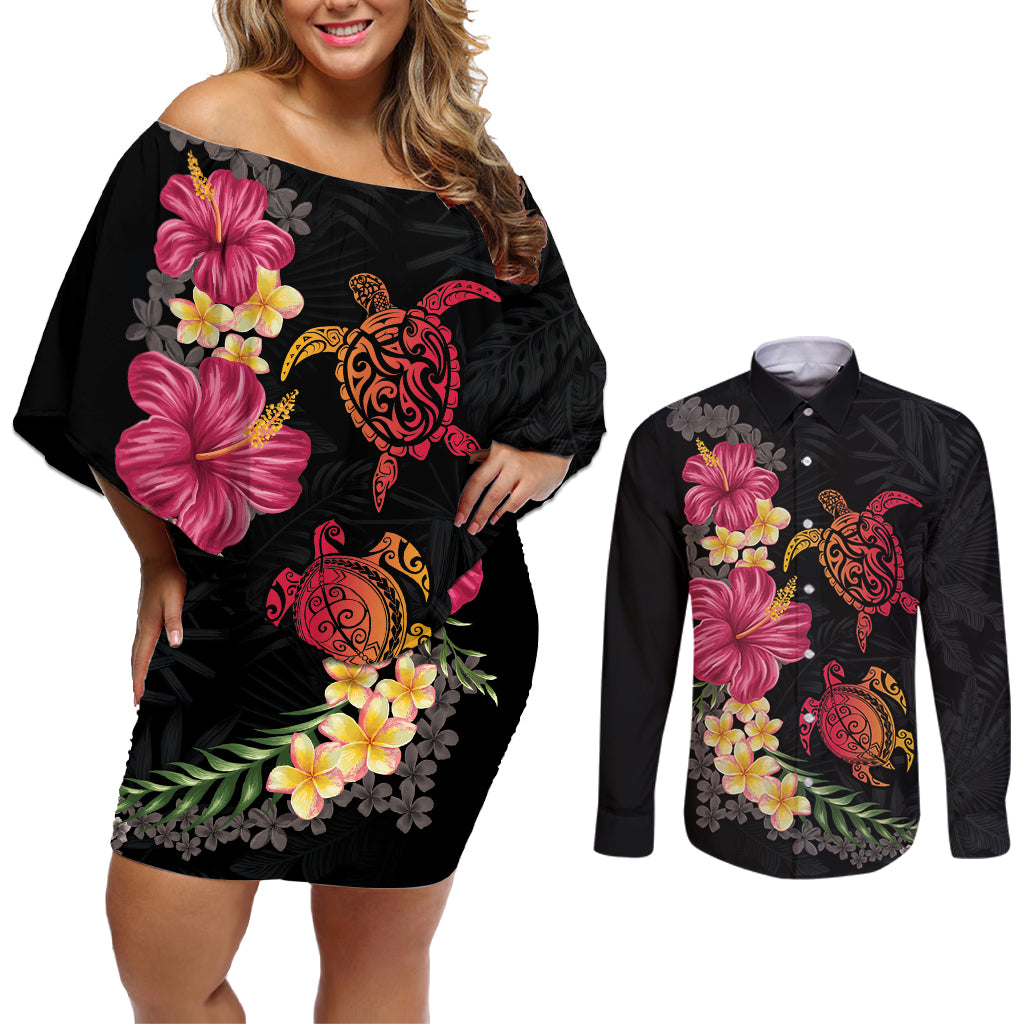 Hawaiian Flower and Tribal Turtle Couples Matching Off Shoulder Short Dress and Long Sleeve Button Shirt Colorful Style