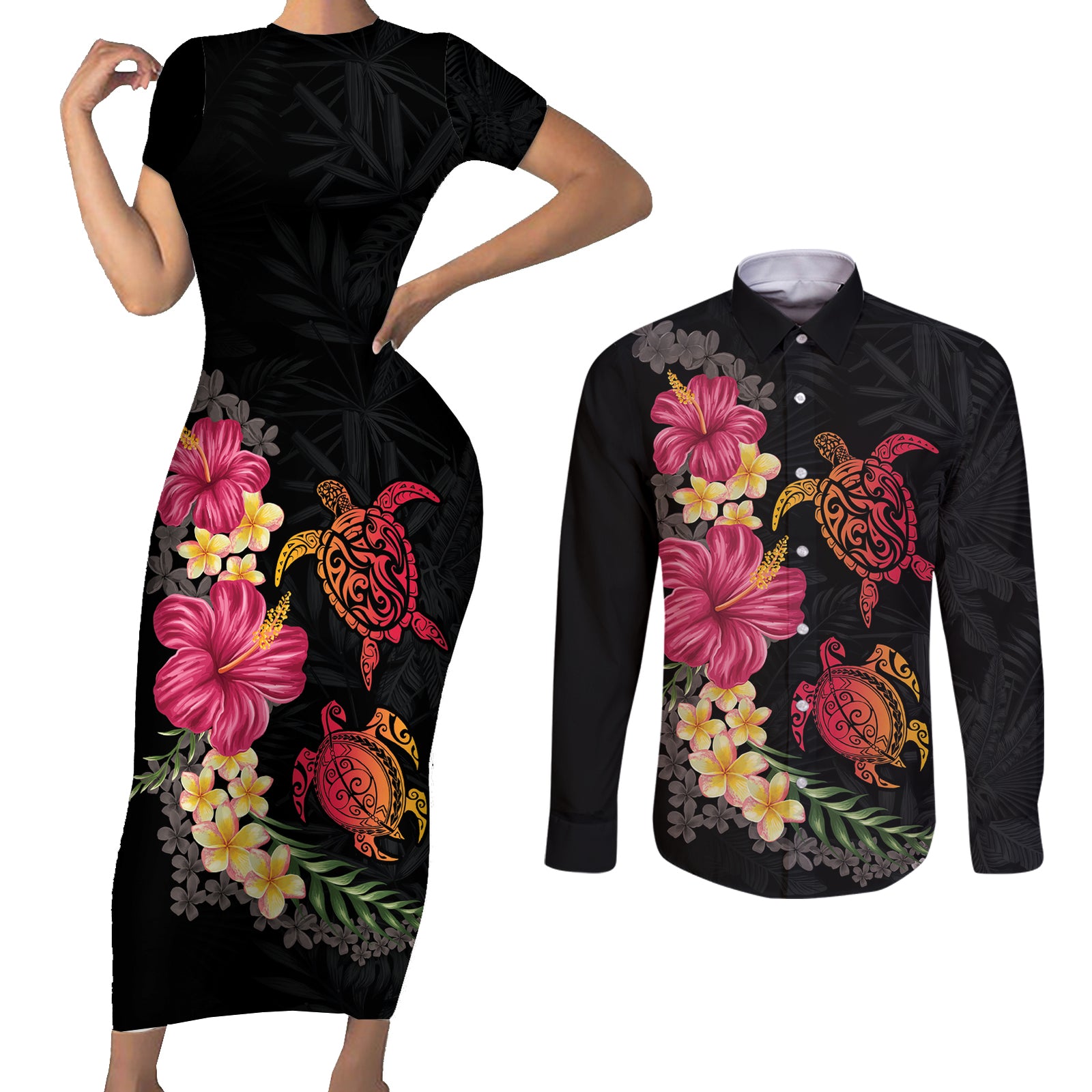 Hawaiian Flower and Tribal Turtle Couples Matching Short Sleeve Bodycon Dress and Long Sleeve Button Shirt Colorful Style