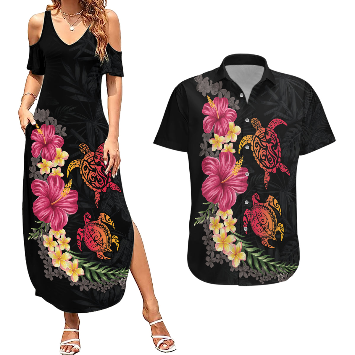 Hawaiian Flower and Tribal Turtle Couples Matching Summer Maxi Dress and Hawaiian Shirt Colorful Style
