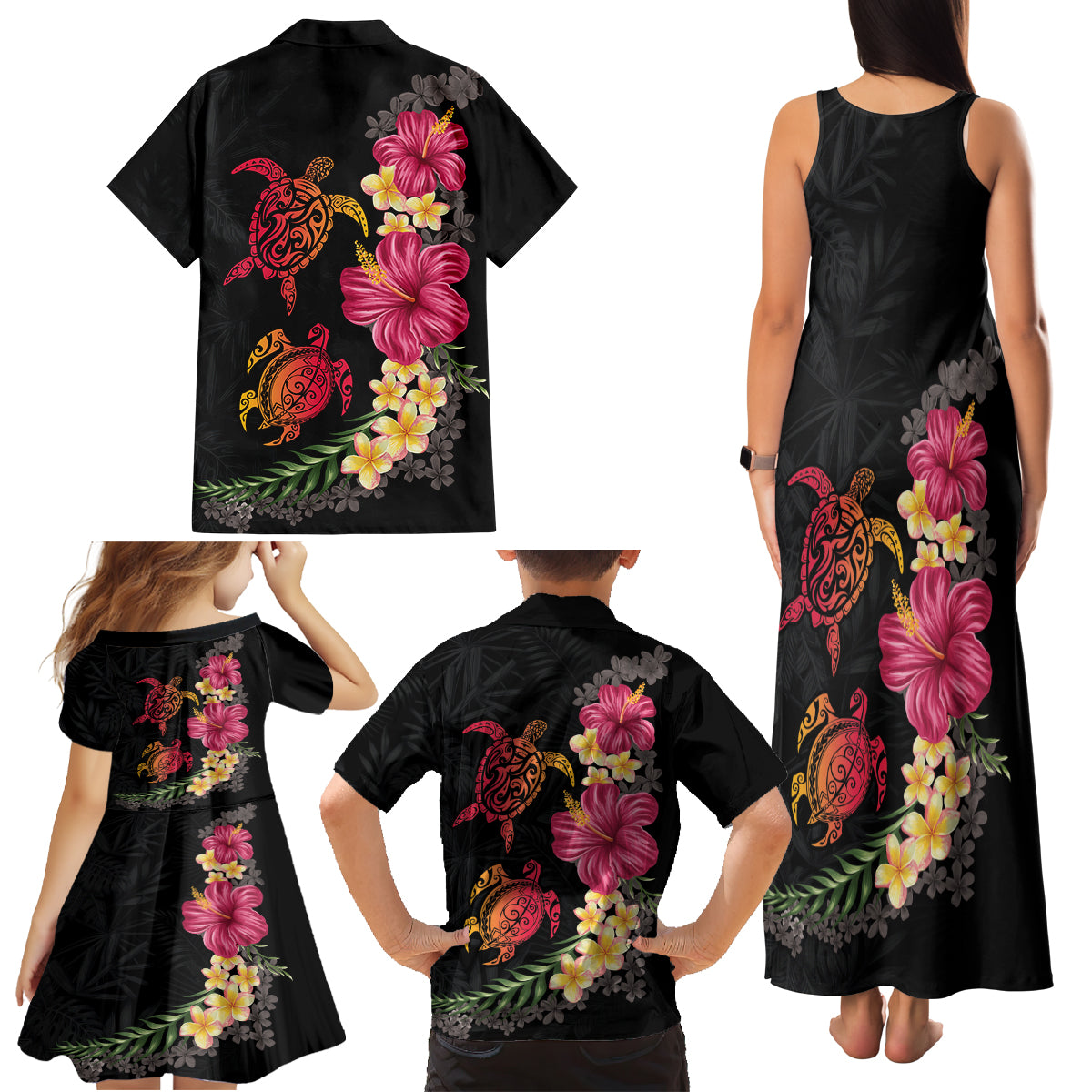 Hawaiian Flower and Tribal Turtle Family Matching Tank Maxi Dress and Hawaiian Shirt Colorful Style