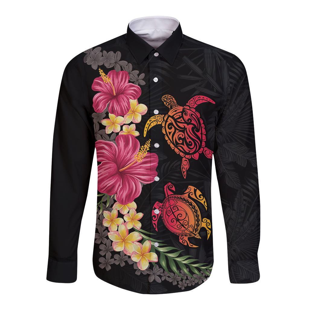 Hawaiian Flower and Tribal Turtle Long Sleeve Button Shirt Colorful Style LT03 Unisex Black - Polynesian Pride