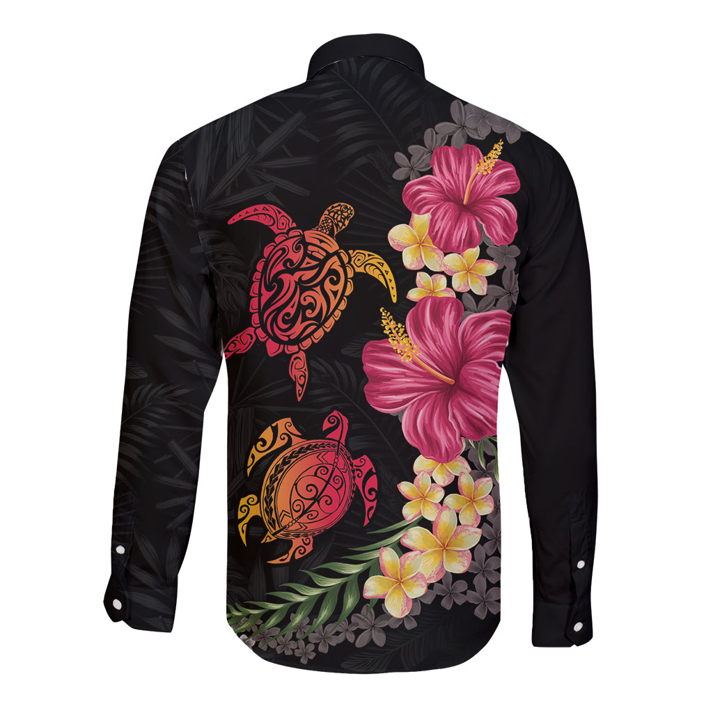 Hawaiian Flower and Tribal Turtle Long Sleeve Button Shirt Colorful Style LT03 - Polynesian Pride
