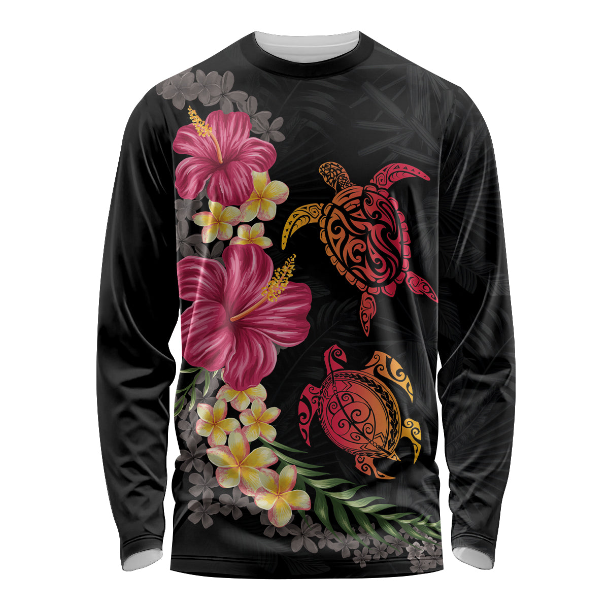 Hawaiian Flower and Tribal Turtle Long Sleeve Shirt Colorful Style LT03 Unisex Black - Polynesian Pride