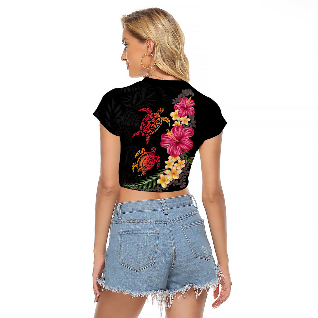 Hawaiian Flower and Tribal Turtle Raglan Cropped T Shirt Colorful Style