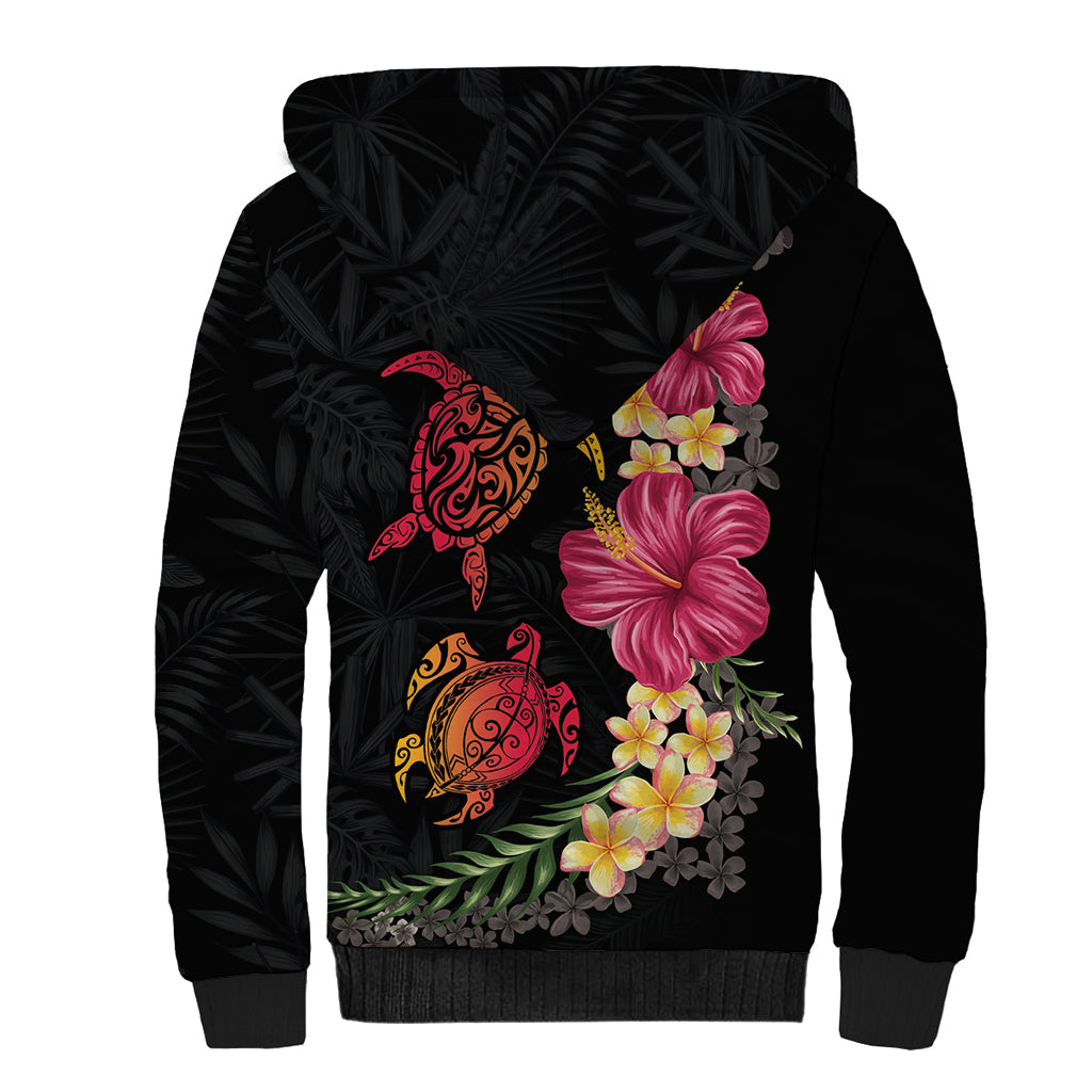 Hawaiian Flower and Tribal Turtle Sherpa Hoodie Colorful Style