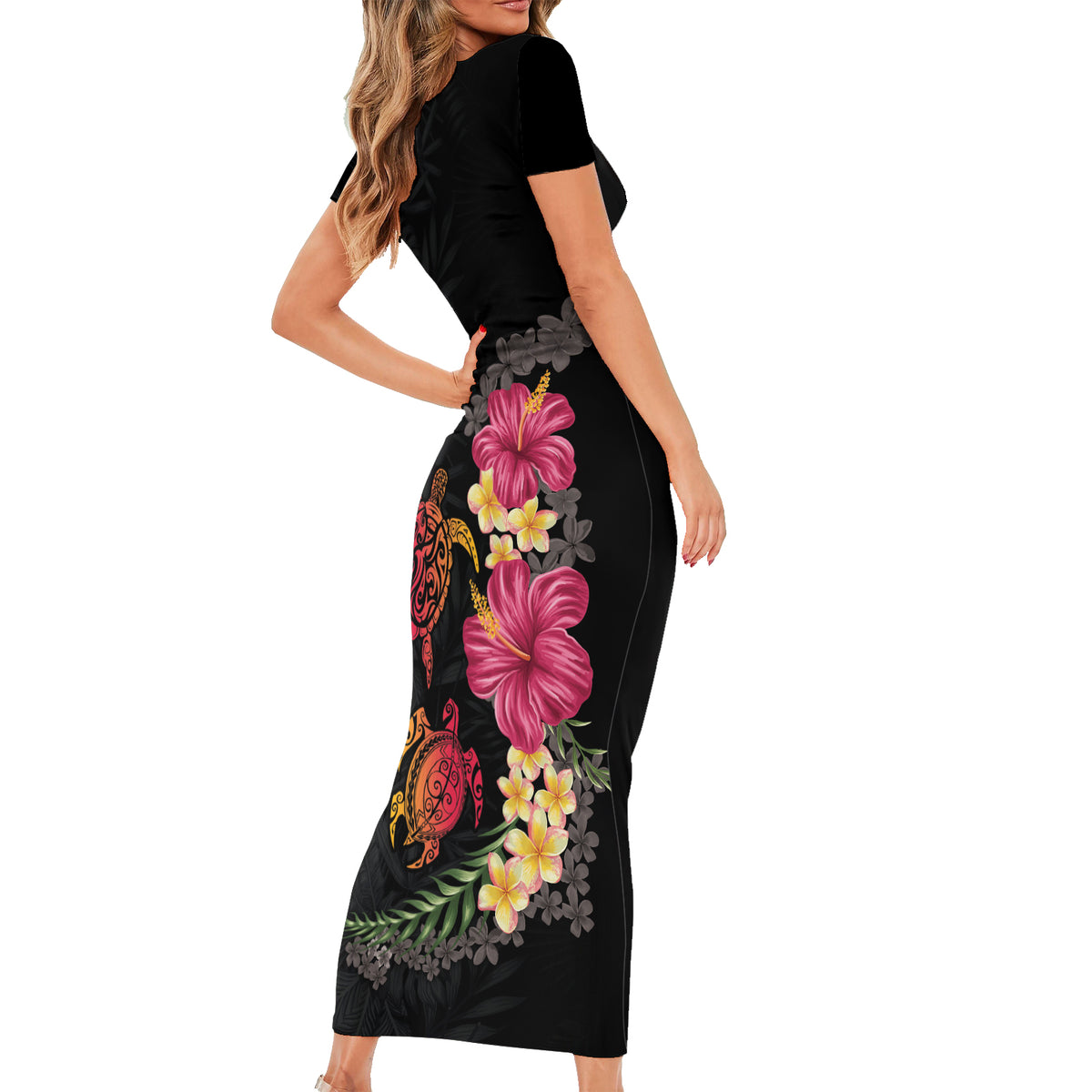 Hawaiian Flower and Tribal Turtle Short Sleeve Bodycon Dress Colorful Style LT03 - Polynesian Pride