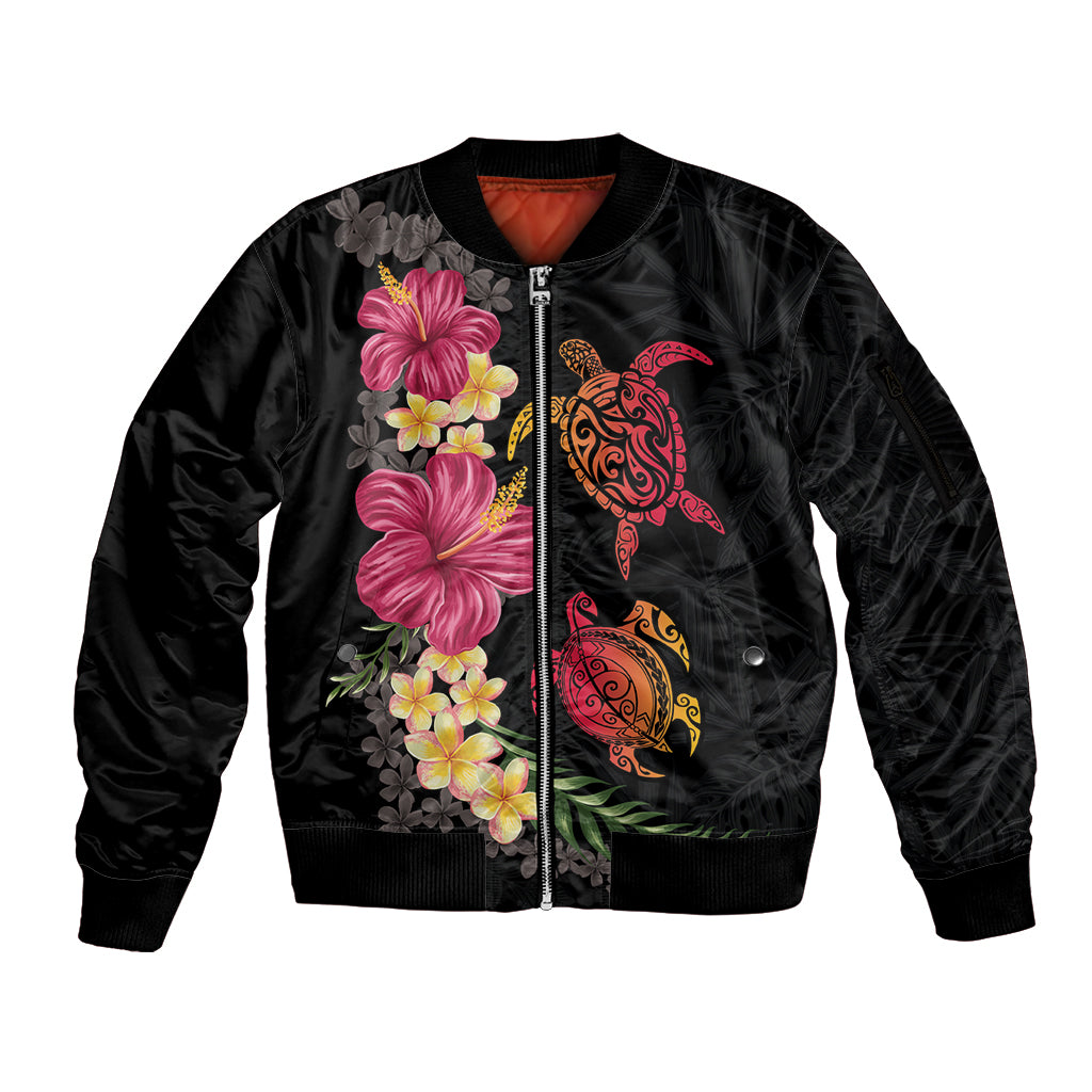 Hawaiian Flower and Tribal Turtle Sleeve Zip Bomber Jacket Colorful Style