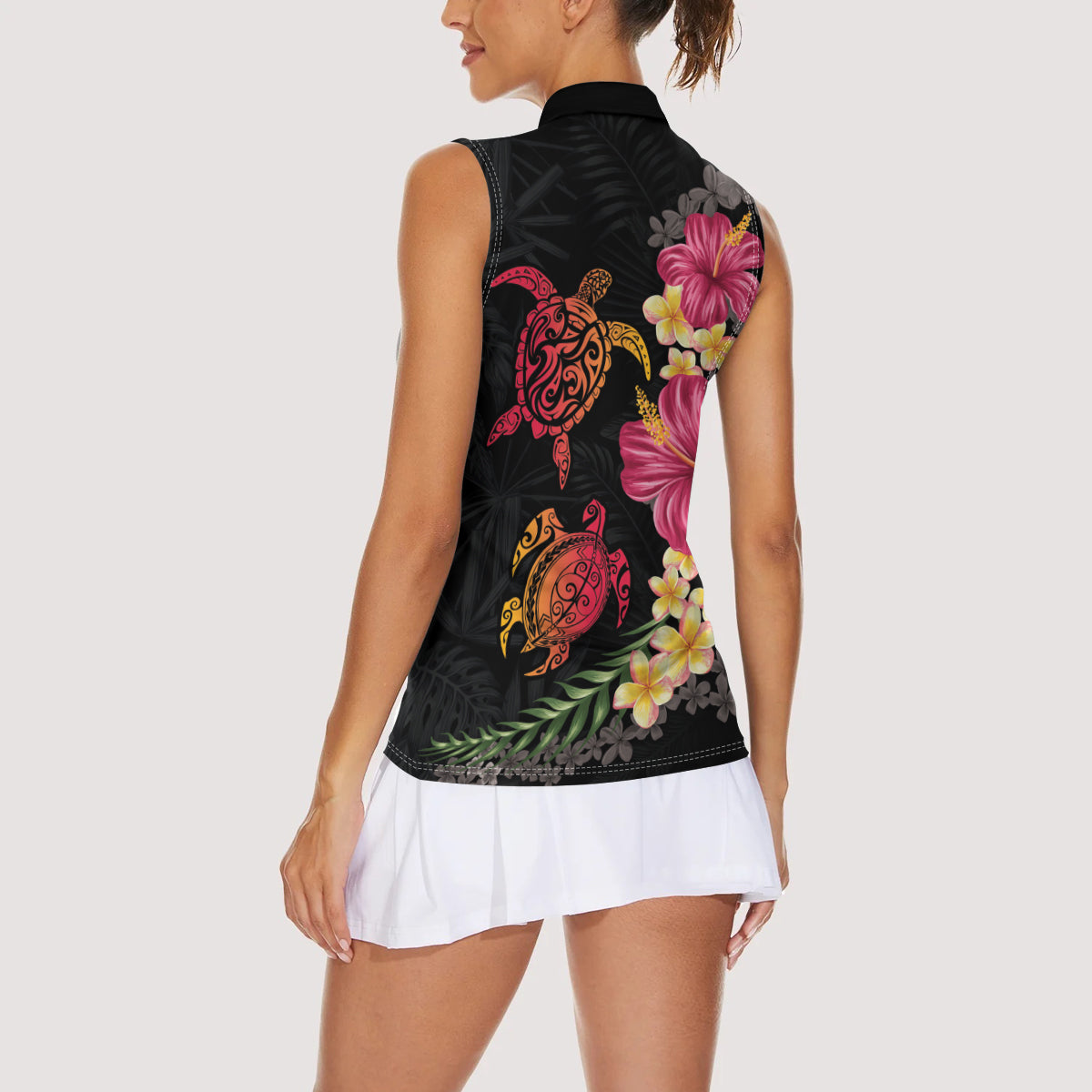 Hawaiian Flower and Tribal Turtle Women Sleeveless Polo Shirt Colorful Style