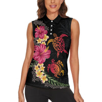 Hawaiian Flower and Tribal Turtle Women Sleeveless Polo Shirt Colorful Style