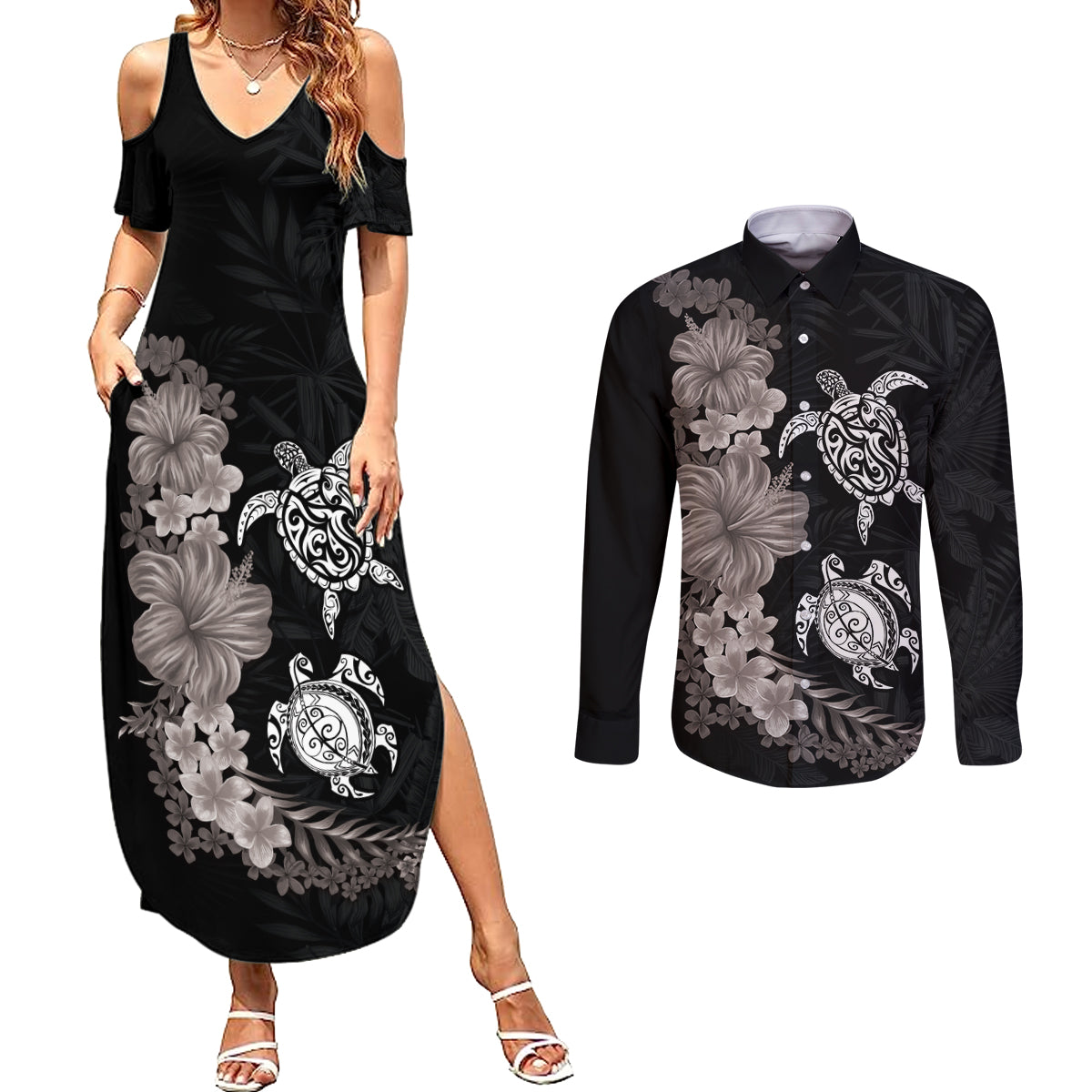 Hawaiian Flower and Tribal Turtle Couples Matching Summer Maxi Dress and Long Sleeve Button Shirt Grayscale Mode
