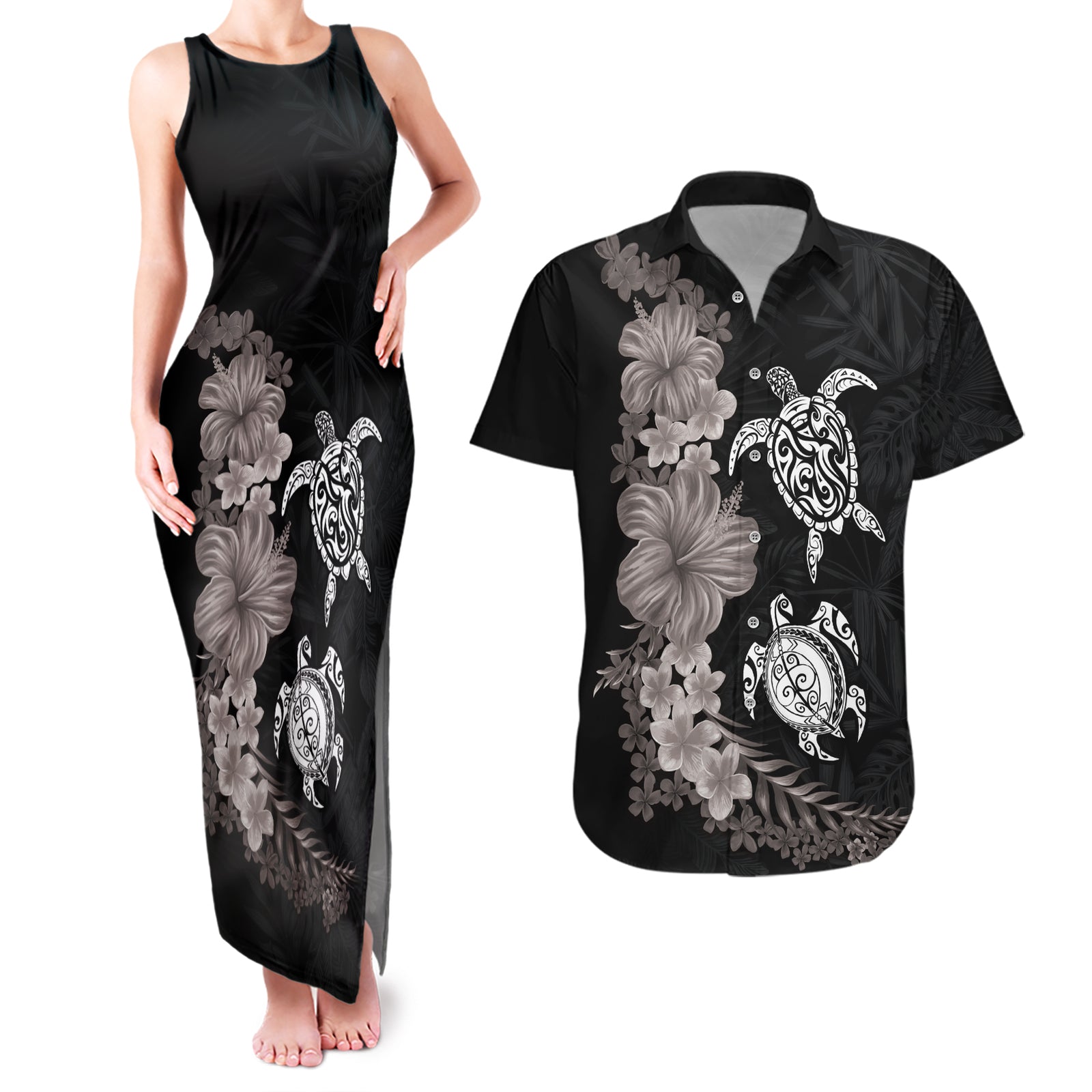 Hawaiian Flower and Tribal Turtle Couples Matching Tank Maxi Dress and Hawaiian Shirt Grayscale Mode