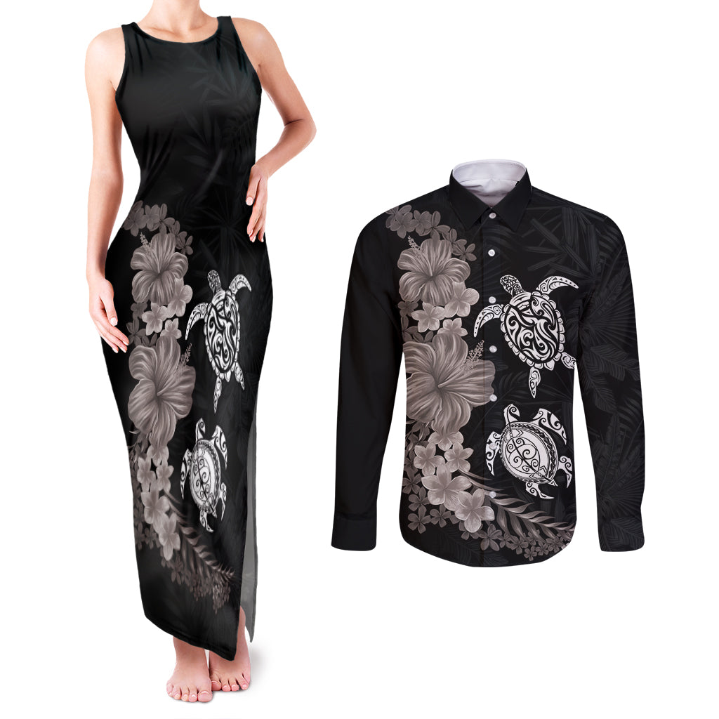 Hawaiian Flower and Tribal Turtle Couples Matching Tank Maxi Dress and Long Sleeve Button Shirt Grayscale Mode