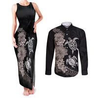 Hawaiian Flower and Tribal Turtle Couples Matching Tank Maxi Dress and Long Sleeve Button Shirt Grayscale Mode