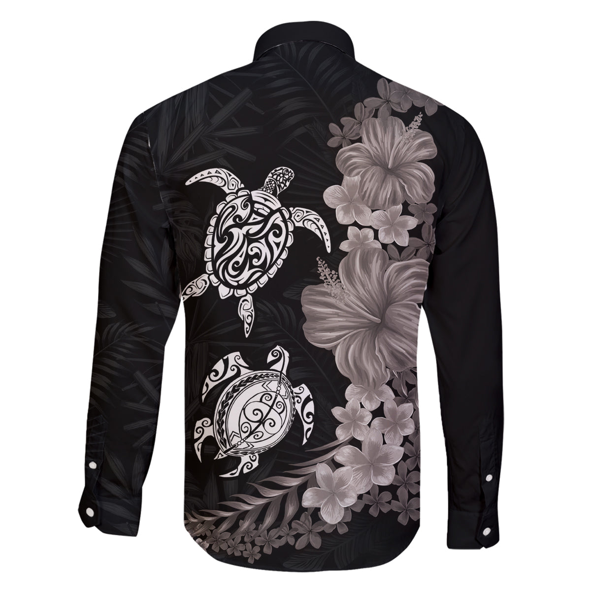 Hawaiian Flower and Tribal Turtle Family Matching Off The Shoulder Long Sleeve Dress and Hawaiian Shirt Grayscale Mode