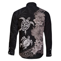 Hawaiian Flower and Tribal Turtle Family Matching Off The Shoulder Long Sleeve Dress and Hawaiian Shirt Grayscale Mode