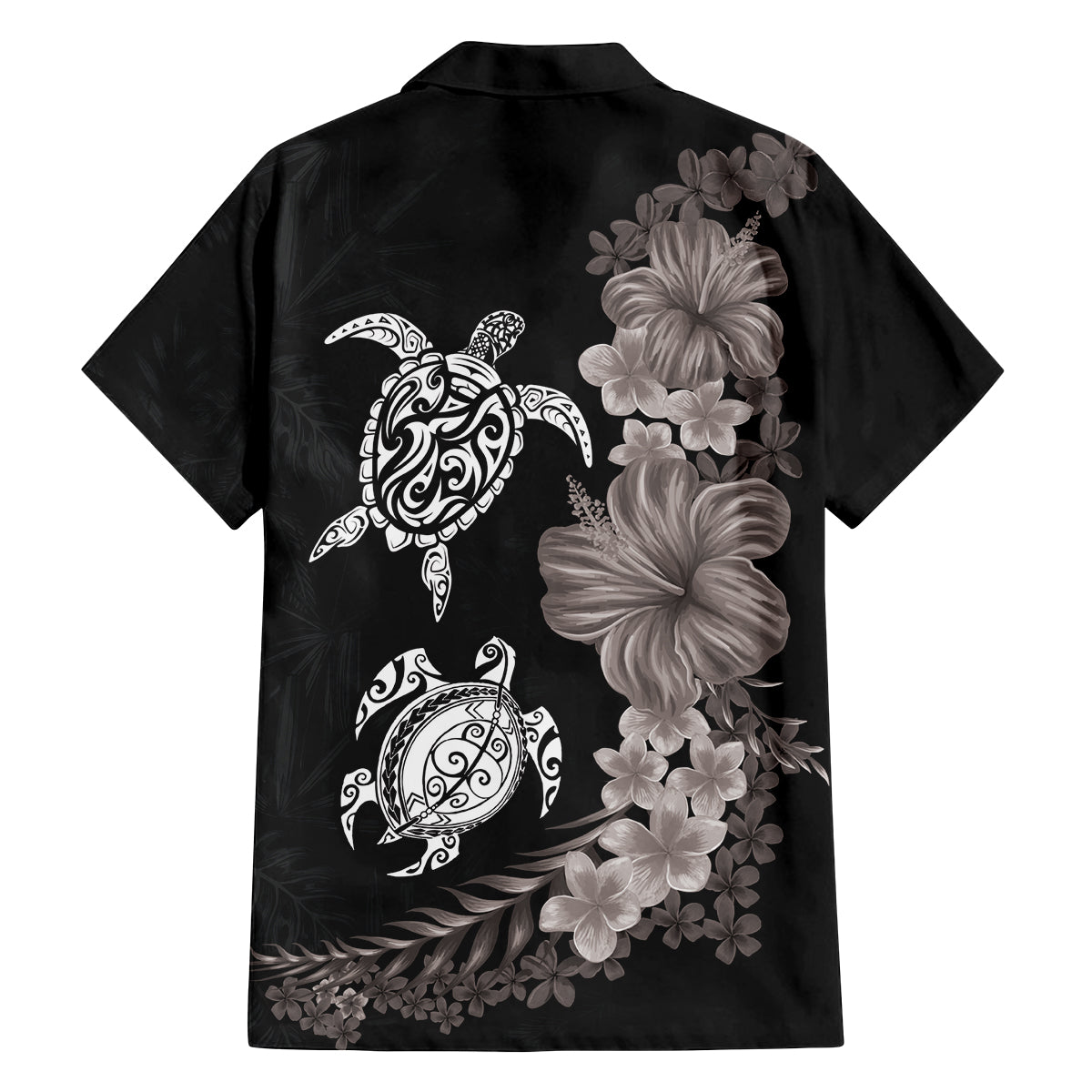 Hawaiian Flower and Tribal Turtle Family Matching Puletasi and Hawaiian Shirt Grayscale Mode