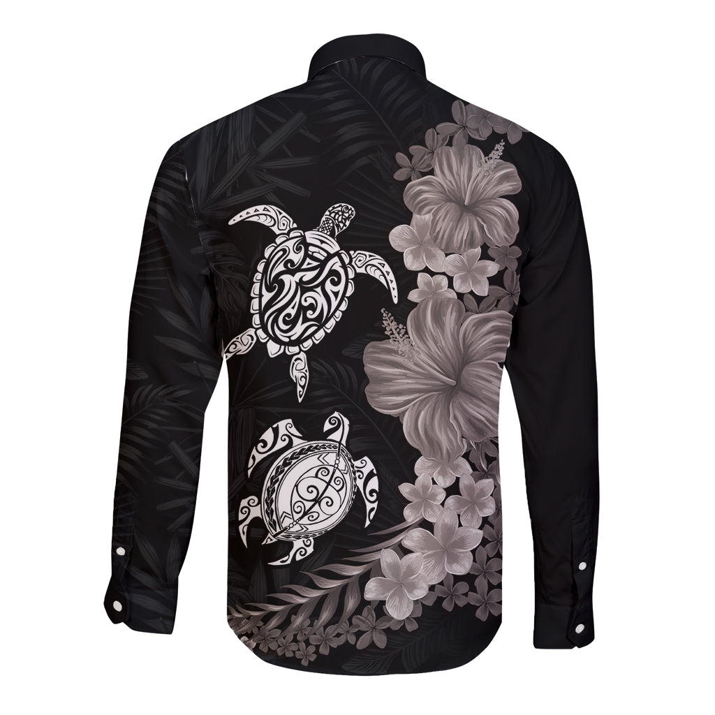 Hawaiian Flower and Tribal Turtle Long Sleeve Button Shirt Grayscale Mode LT03 - Polynesian Pride