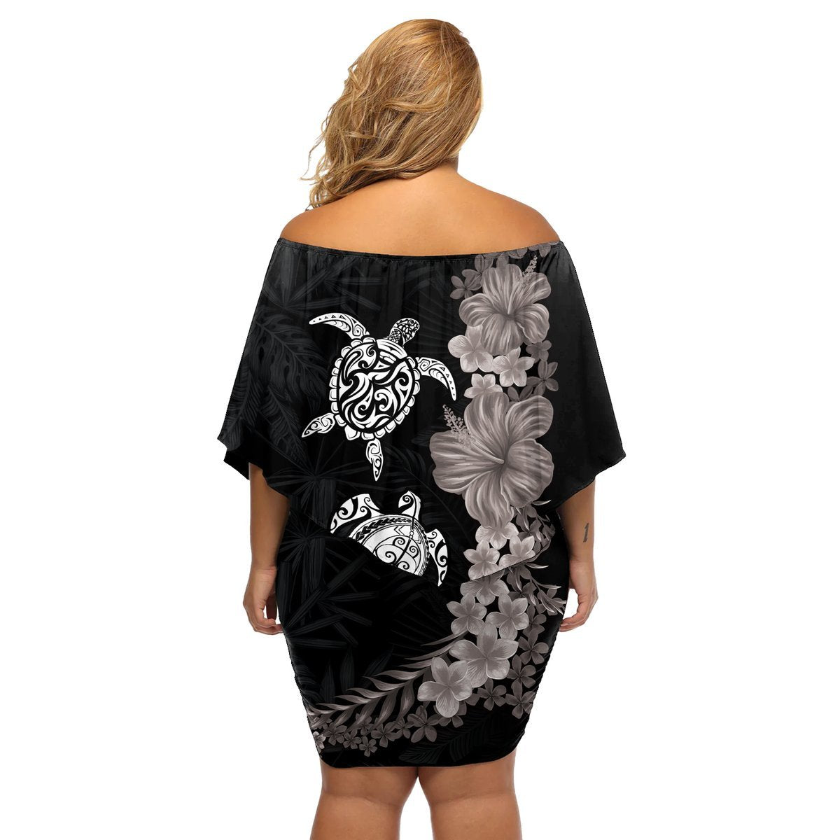 Hawaiian Flower and Tribal Turtle Off Shoulder Short Dress Grayscale Mode LT03 - Polynesian Pride