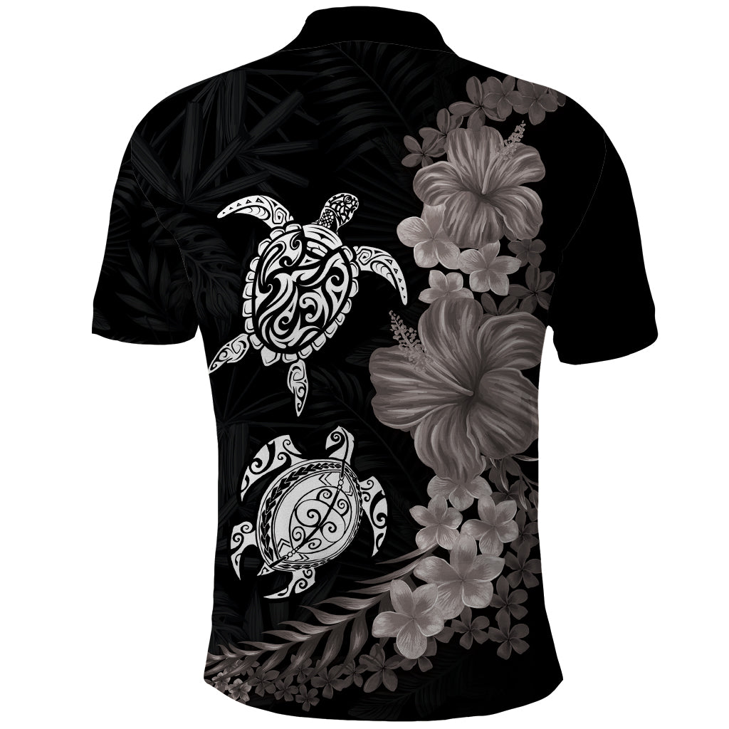 Hawaiian Flower and Tribal Turtle Polo Shirt Grayscale Mode
