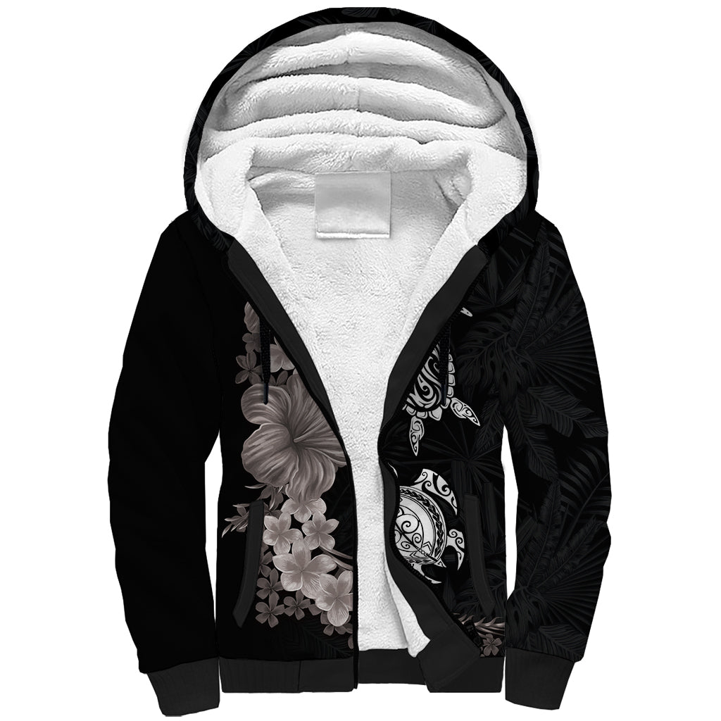 Hawaiian Flower and Tribal Turtle Sherpa Hoodie Grayscale Mode