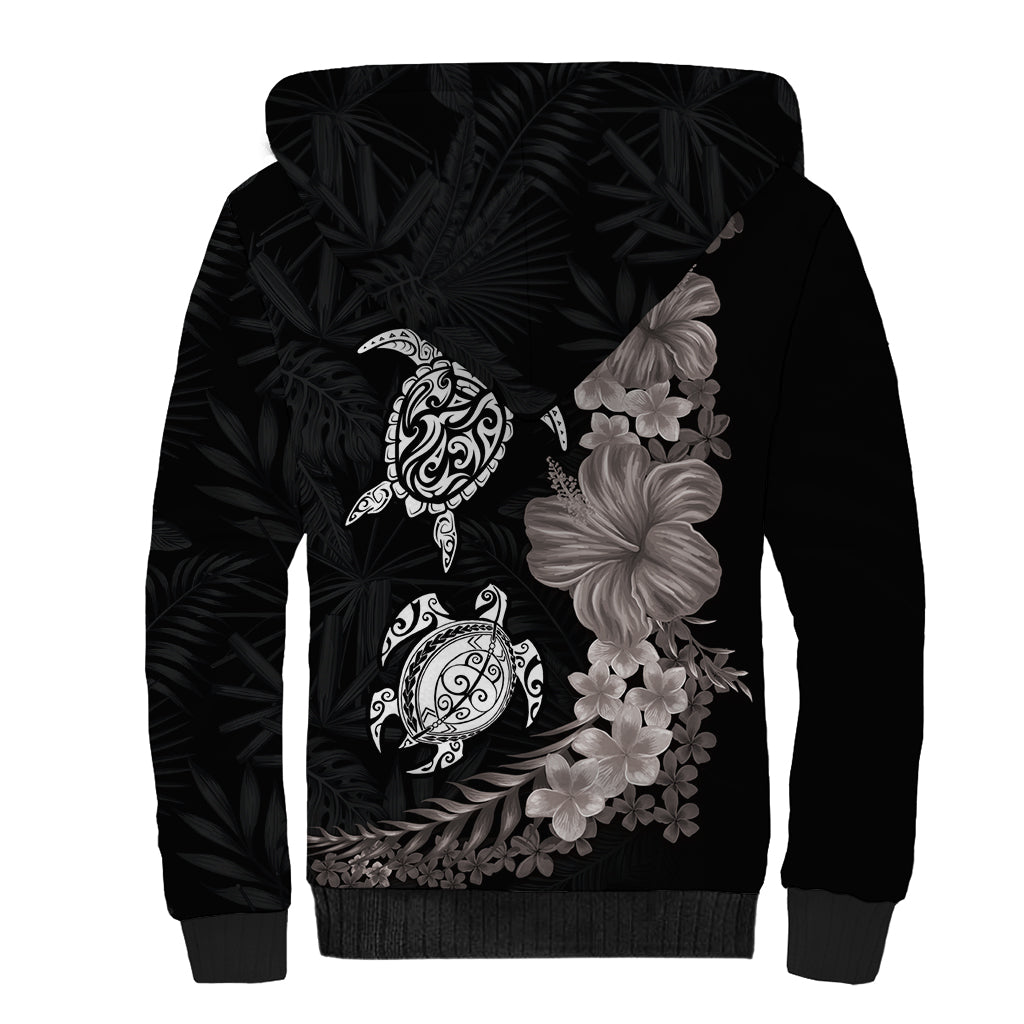 Hawaiian Flower and Tribal Turtle Sherpa Hoodie Grayscale Mode