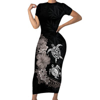 Hawaiian Flower and Tribal Turtle Short Sleeve Bodycon Dress Grayscale Mode LT03 Long Dress Black - Polynesian Pride