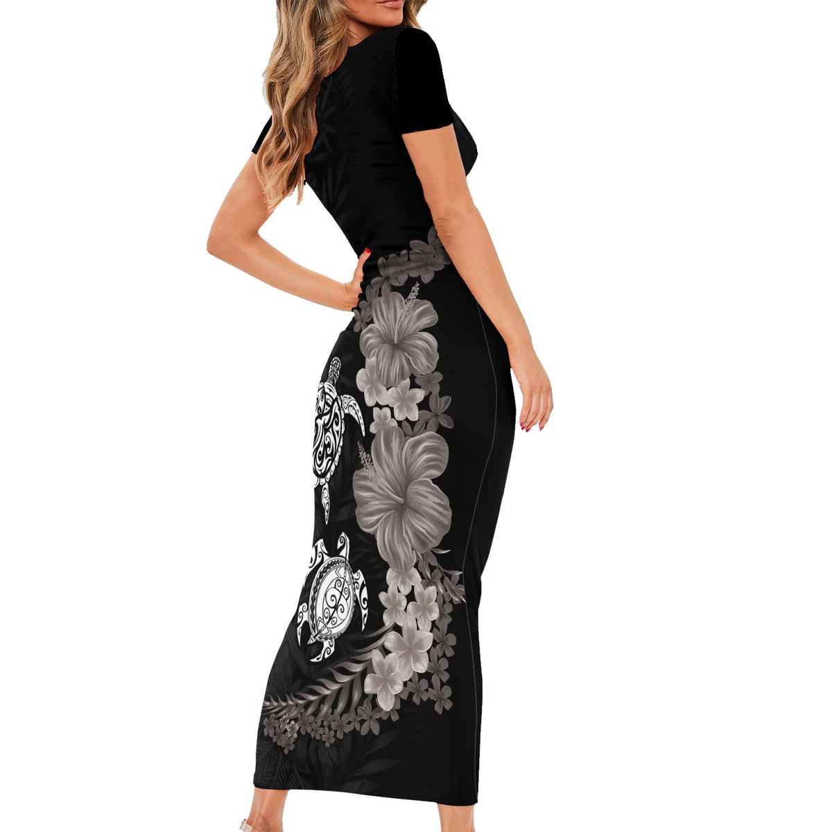 Hawaiian Flower and Tribal Turtle Short Sleeve Bodycon Dress Grayscale Mode LT03 - Polynesian Pride