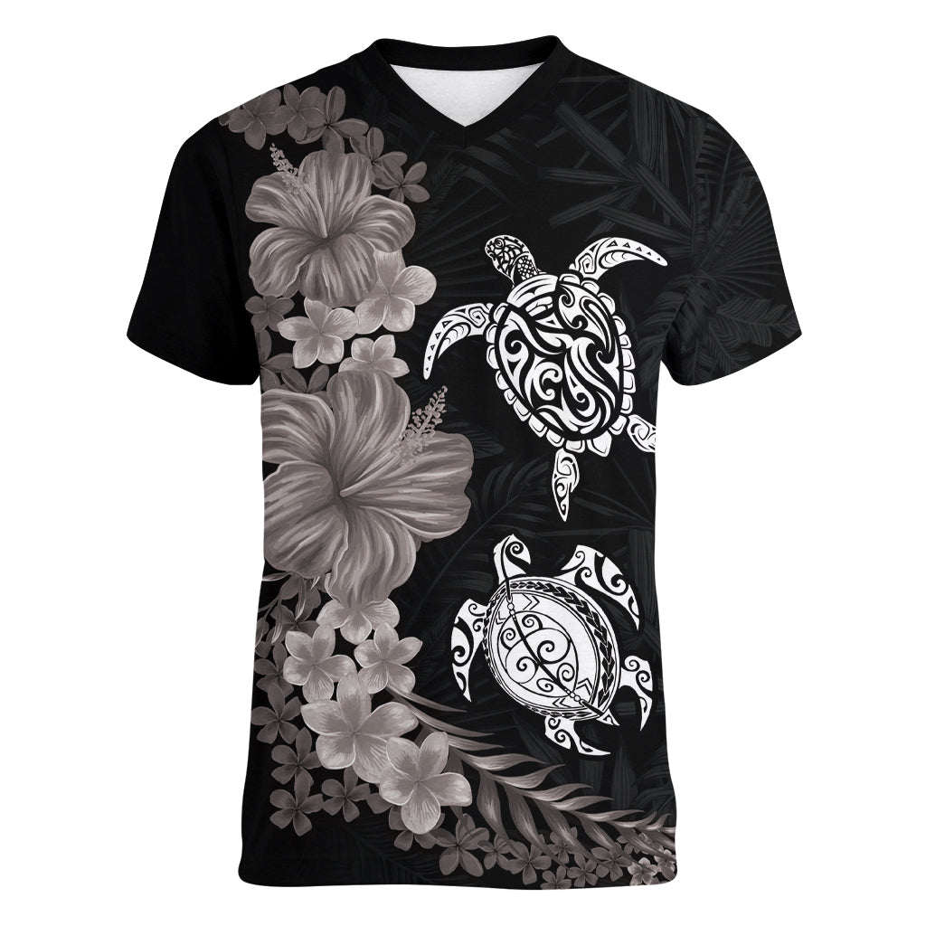 Hawaiian Flower and Tribal Turtle Women V-Neck T-Shirt Grayscale Mode