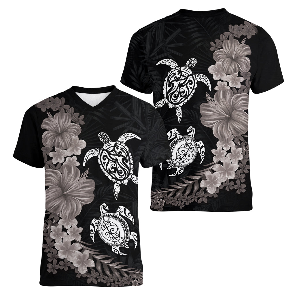 Hawaiian Flower and Tribal Turtle Women V-Neck T-Shirt Grayscale Mode