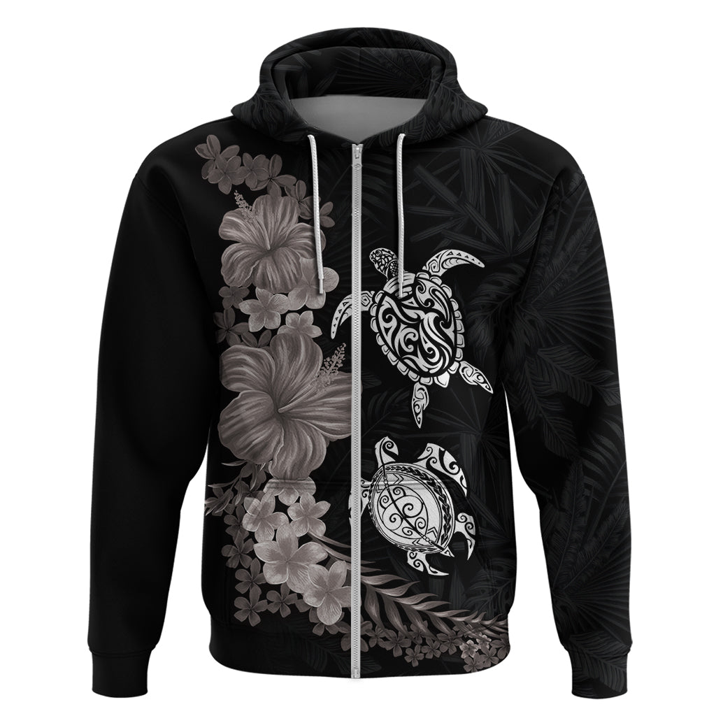 Hawaiian Flower and Tribal Turtle Zip Hoodie Grayscale Mode