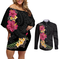 Hawaiian Plumeria and Hibiscus Couples Matching Off Shoulder Short Dress and Long Sleeve Button Shirt Colorful Style
