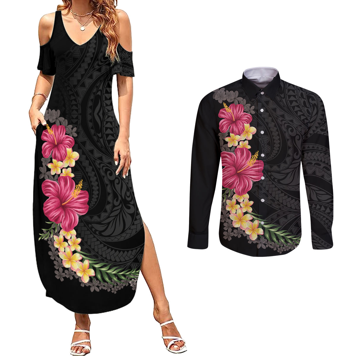 Hawaiian Plumeria and Hibiscus Couples Matching Summer Maxi Dress and Long Sleeve Button Shirt Colorful Style